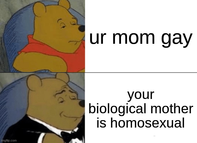 your biological mother is homosexual | ur mom gay; your biological mother is homosexual | image tagged in memes,tuxedo winnie the pooh,your mom,ur mom gay | made w/ Imgflip meme maker