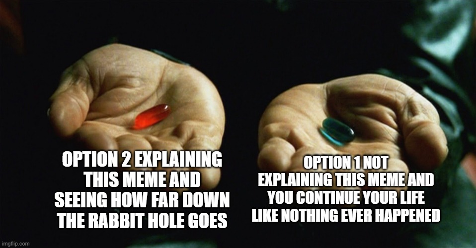 Red pill blue pill | OPTION 2 EXPLAINING THIS MEME AND SEEING HOW FAR DOWN THE RABBIT HOLE GOES; OPTION 1 NOT EXPLAINING THIS MEME AND YOU CONTINUE YOUR LIFE LIKE NOTHING EVER HAPPENED | image tagged in red pill blue pill | made w/ Imgflip meme maker