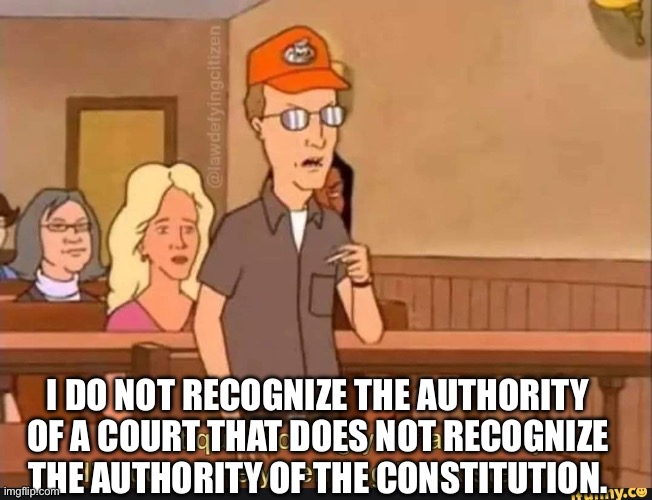 Dale Gribble Authority | I DO NOT RECOGNIZE THE AUTHORITY OF A COURT THAT DOES NOT RECOGNIZE THE AUTHORITY OF THE CONSTITUTION. | image tagged in dale gribble authority | made w/ Imgflip meme maker