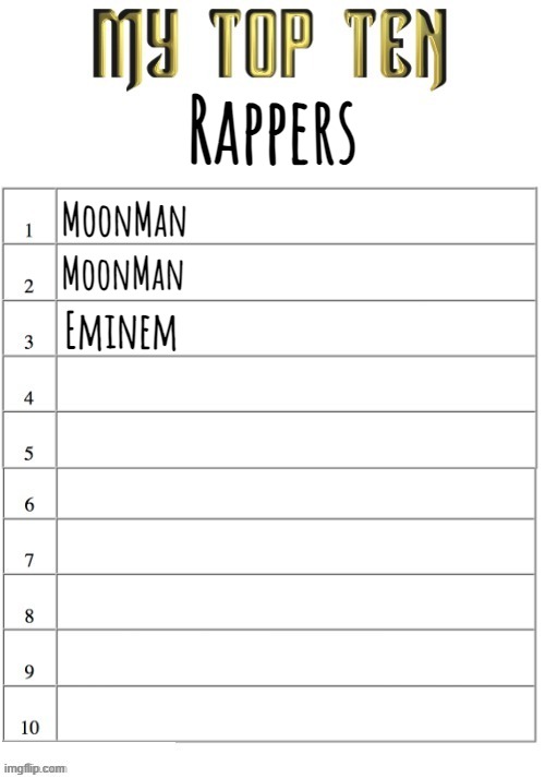 Top ten list better | Rappers; MoonMan; MoonMan; Eminem | image tagged in top ten list better | made w/ Imgflip meme maker