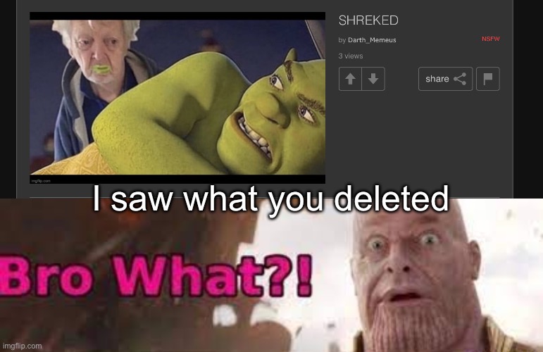 I saw what you deleted | image tagged in thanos - bro what | made w/ Imgflip meme maker