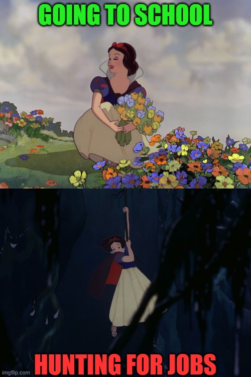 Compare And Contrast | GOING TO SCHOOL; HUNTING FOR JOBS | image tagged in disney princess,snow white,job hunting,going to school,picking flowers,dangling from a vine | made w/ Imgflip meme maker