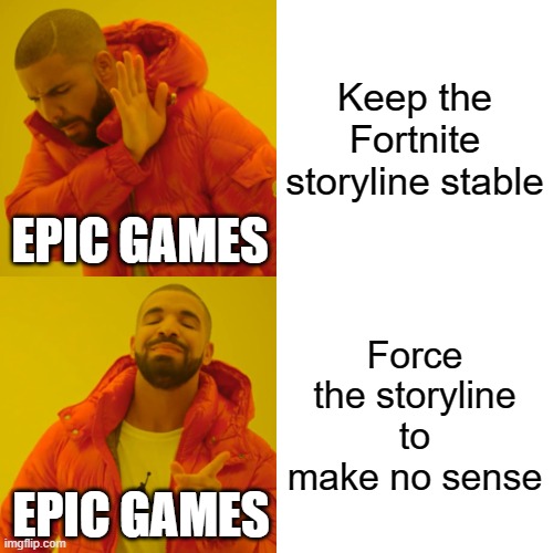 I wonder why there's less people playing the game... | Keep the Fortnite storyline stable; EPIC GAMES; Force the storyline to make no sense; EPIC GAMES | image tagged in memes,drake hotline bling,fortnite,fortnite meme,is fortnite actually overrated | made w/ Imgflip meme maker