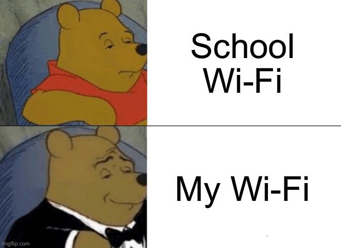 Wi-Fi | School Wi-Fi; My Wi-Fi | image tagged in memes,tuxedo winnie the pooh | made w/ Imgflip meme maker