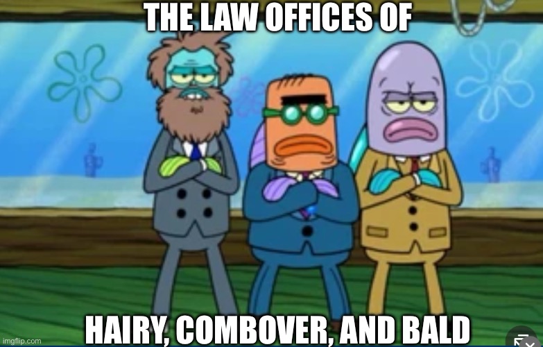 SpongeBob Squidward’s Lawyers | THE LAW OFFICES OF; HAIRY, COMBOVER, AND BALD | image tagged in spongebob | made w/ Imgflip meme maker