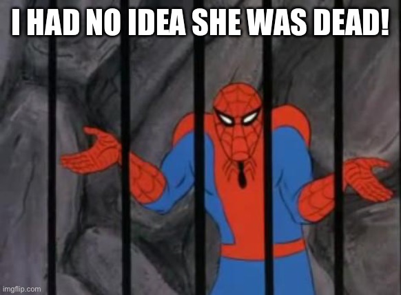 spiderman jail | I HAD NO IDEA SHE WAS DEAD! | image tagged in spiderman jail | made w/ Imgflip meme maker