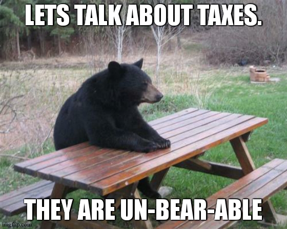 *eyeroll* | LETS TALK ABOUT TAXES. THEY ARE UN-BEAR-ABLE | image tagged in memes,bad luck bear | made w/ Imgflip meme maker