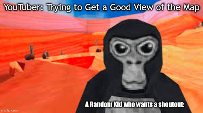 More Gorilla Tag Memes. | YouTuber: Trying to Get a Good View of the Map; A Random Kid who wants a shoutout: | image tagged in gorilla tag | made w/ Imgflip meme maker
