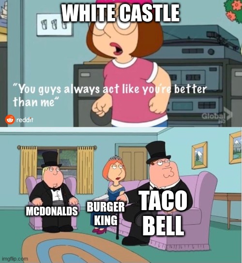 Belch | WHITE CASTLE; TACO BELL; MCDONALDS; BURGER KING | image tagged in you guys always act like you're better than me | made w/ Imgflip meme maker