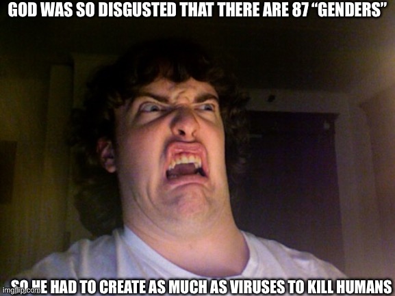 Oh No Meme | GOD WAS SO DISGUSTED THAT THERE ARE 87 “GENDERS” SO HE HAD TO CREATE AS MUCH AS VIRUSES TO KILL HUMANS | image tagged in memes,oh no | made w/ Imgflip meme maker