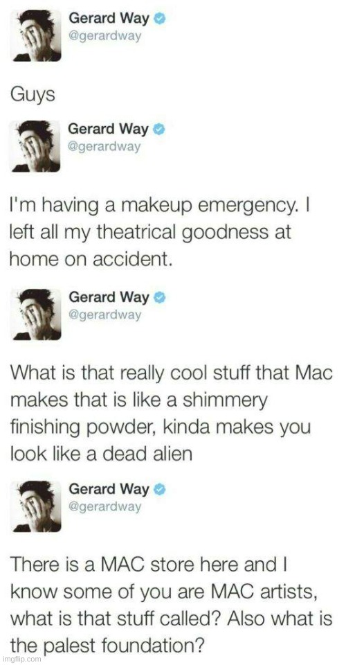 "dead alien" | image tagged in gerard way,mcr,makeup,yeah | made w/ Imgflip meme maker