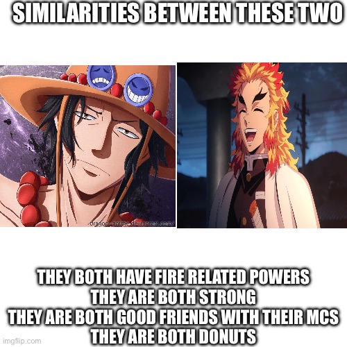 Donut | SIMILARITIES BETWEEN THESE TWO; THEY BOTH HAVE FIRE RELATED POWERS
THEY ARE BOTH STRONG
THEY ARE BOTH GOOD FRIENDS WITH THEIR MCS
THEY ARE BOTH DONUTS | image tagged in anime memes | made w/ Imgflip meme maker