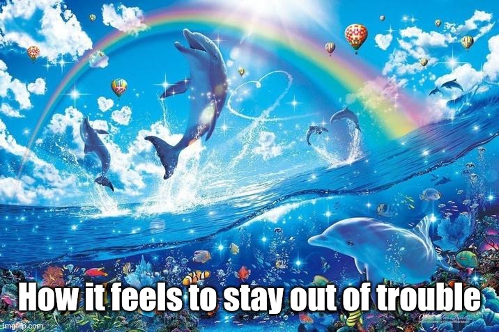 Happy dolphin rainbow | How it feels to stay out of trouble | image tagged in happy dolphin rainbow | made w/ Imgflip meme maker