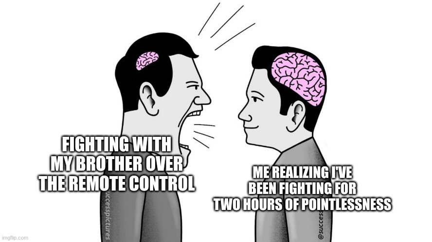 idk | FIGHTING WITH MY BROTHER OVER THE REMOTE CONTROL; ME REALIZING I'VE BEEN FIGHTING FOR TWO HOURS OF POINTLESSNESS | image tagged in small brain yelling at big brain | made w/ Imgflip meme maker