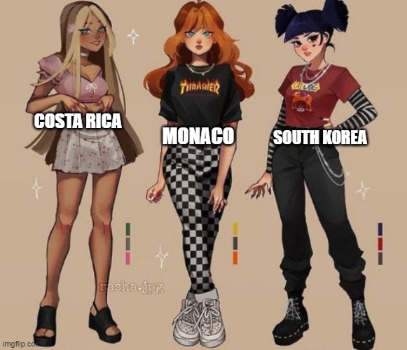 Girls of my AU Part 1 | COSTA RICA; MONACO; SOUTH KOREA | image tagged in costa rica,monaco,south korea | made w/ Imgflip meme maker