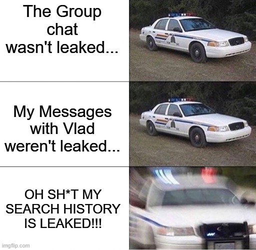 RUN THE GOVERNMENT GOT MY SEARCH HISTORY | The Group chat wasn't leaked... My Messages with Vlad weren't leaked... OH SH*T MY SEARCH HISTORY IS LEAKED!!! | image tagged in police car,search history | made w/ Imgflip meme maker