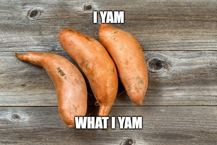 I Yam | I YAM; WHAT I YAM | image tagged in i yam | made w/ Imgflip meme maker