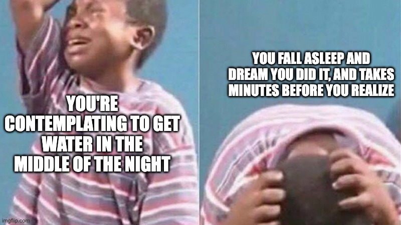 True story... | YOU FALL ASLEEP AND DREAM YOU DID IT, AND TAKES MINUTES BEFORE YOU REALIZE; YOU'RE CONTEMPLATING TO GET WATER IN THE MIDDLE OF THE NIGHT | image tagged in crying black kid | made w/ Imgflip meme maker
