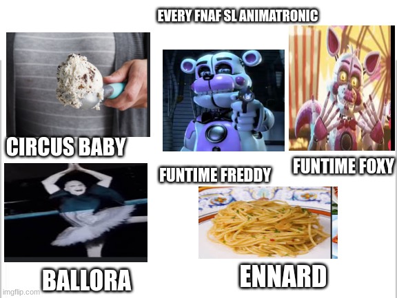 no title=no creativity | EVERY FNAF SL ANIMATRONIC; CIRCUS BABY; FUNTIME FOXY; FUNTIME FREDDY; ENNARD; BALLORA | image tagged in white background,memes,fnaf,fnaf sister location | made w/ Imgflip meme maker