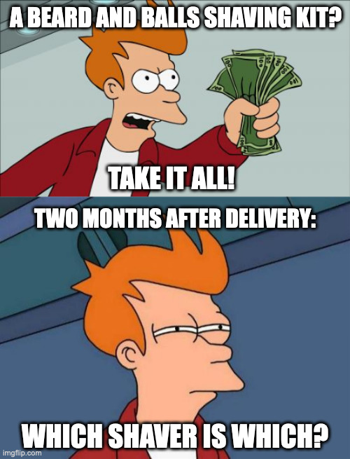 A BEARD AND BALLS SHAVING KIT? TAKE IT ALL! TWO MONTHS AFTER DELIVERY:; WHICH SHAVER IS WHICH? | image tagged in memes,shut up and take my money fry,futurama fry | made w/ Imgflip meme maker