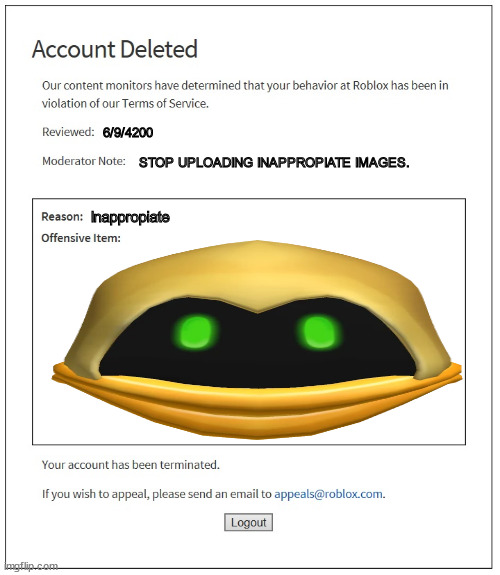 POV: Roblox really hates head accessories | 6/9/4200; STOP UPLOADING INAPPROPIATE IMAGES. Inappropiate | image tagged in banned from roblox | made w/ Imgflip meme maker