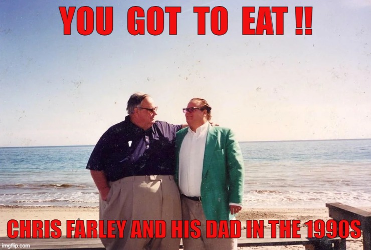 chris farley & his dad | YOU  GOT  TO  EAT !! CHRIS FARLEY AND HIS DAD IN THE 1990S | image tagged in chris farley | made w/ Imgflip meme maker