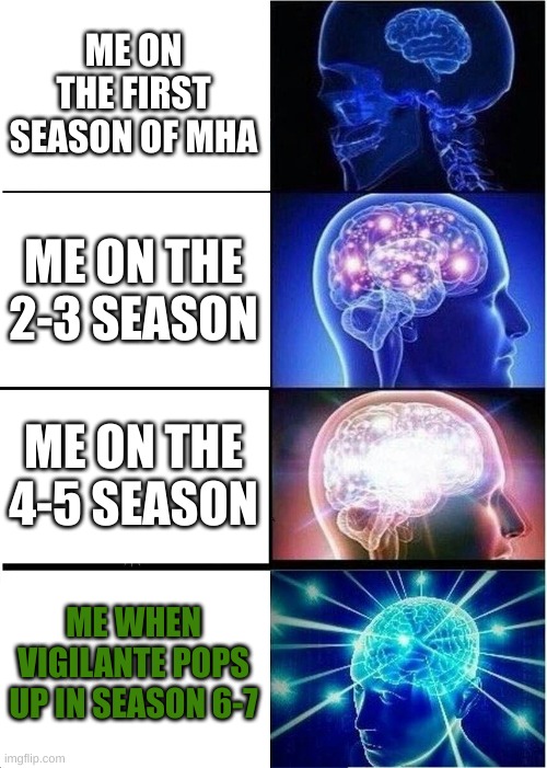 ME ON THE FIRST SEASON OF MHA ME ON THE 2-3 SEASON ME ON THE 4-5 SEASON ME WHEN VIGILANTE POPS UP IN SEASON 6-7 | image tagged in memes,expanding brain | made w/ Imgflip meme maker