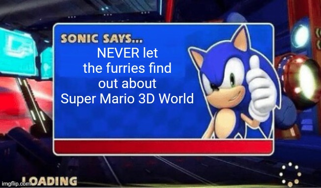 Who knows what they might do | NEVER let the furries find out about Super Mario 3D World | image tagged in sonic says,anti furry | made w/ Imgflip meme maker