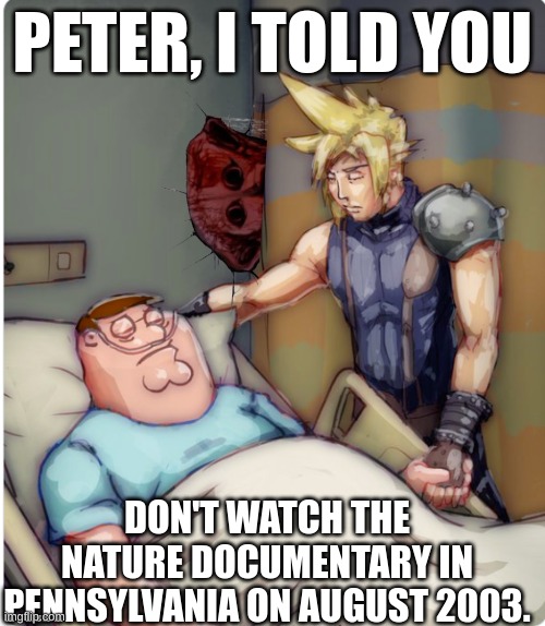 only real ones would get this | PETER, I TOLD YOU; DON'T WATCH THE NATURE DOCUMENTARY IN PENNSYLVANIA ON AUGUST 2003. | image tagged in peter i told you | made w/ Imgflip meme maker
