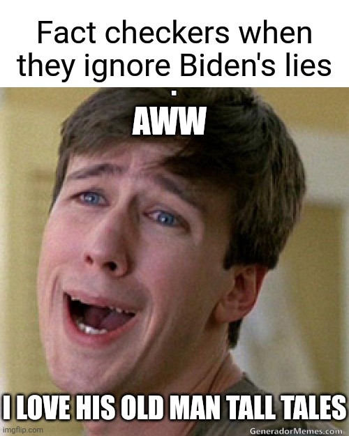 How does he get away with it? | Fact checkers when they ignore Biden's lies; AWW; I LOVE HIS OLD MAN TALL TALES | image tagged in awww,democrats,biden | made w/ Imgflip meme maker