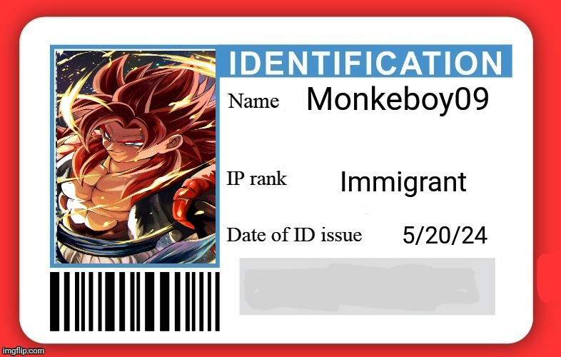 DMV ID Card | Monkeboy09; Immigrant; 5/20/24 | image tagged in dmv id card | made w/ Imgflip meme maker