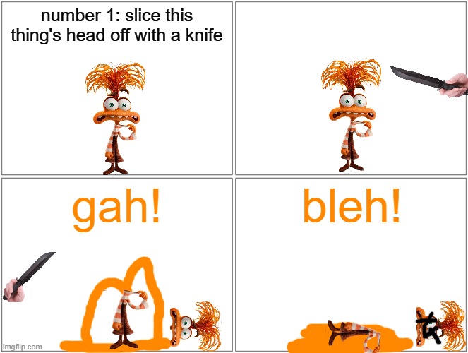 mutated fraggle thing loses it's head | number 1: slice this thing's head off with a knife; gah! bleh! | image tagged in memes,blank comic panel 2x2,pixar,pwned | made w/ Imgflip meme maker