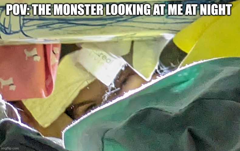 Siblings being siblings | POV: THE MONSTER LOOKING AT ME AT NIGHT | image tagged in monster,siblings | made w/ Imgflip meme maker