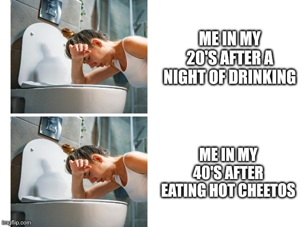 Hangover in my 20's vs 40's | ME IN MY 20'S AFTER A NIGHT OF DRINKING; ME IN MY 40'S AFTER EATING HOT CHEETOS | image tagged in hangover,bathroom,sick,vomit,cheetos,old age | made w/ Imgflip meme maker