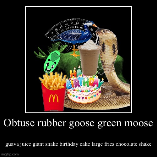 obtuse rubber goose | Obtuse rubber goose green moose | guava juice giant snake birthday cake large fries chocolate shake | image tagged in funny,demotivationals | made w/ Imgflip demotivational maker