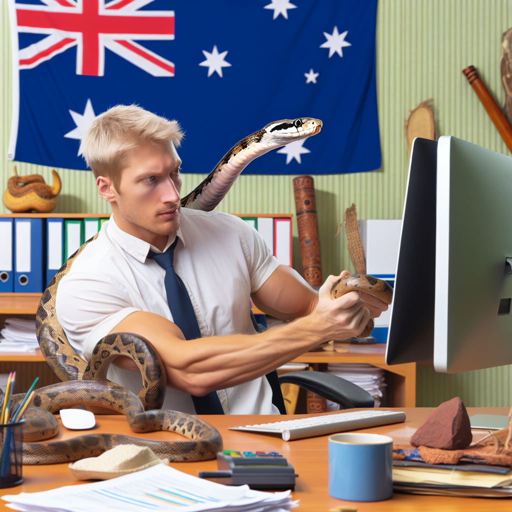High Quality Bored australian man fighting a snake while using a computer Blank Meme Template