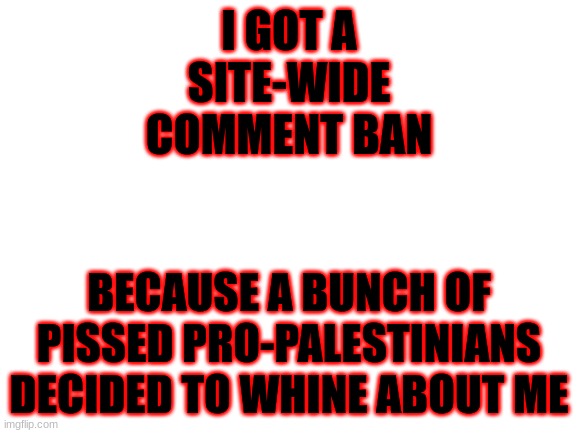 IDC about their actions, it just shows their weakness | I GOT A SITE-WIDE COMMENT BAN; BECAUSE A BUNCH OF PISSED PRO-PALESTINIANS DECIDED TO WHINE ABOUT ME | image tagged in blank white template | made w/ Imgflip meme maker