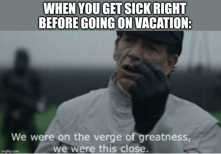 This has happened to me a lot | WHEN YOU GET SICK RIGHT BEFORE GOING ON VACATION: | image tagged in we were on the verge of greatness,why are you reading the tags,why are you reading this | made w/ Imgflip meme maker