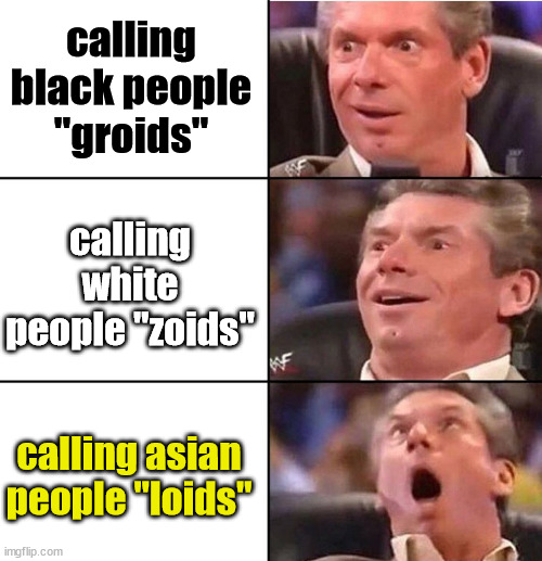 equal opportunity (love all peoples) | calling black people "groids"; calling white people "zoids"; calling asian people "loids" | image tagged in vince mcmahon,racist,not racist,memes,funny memes,fire | made w/ Imgflip meme maker