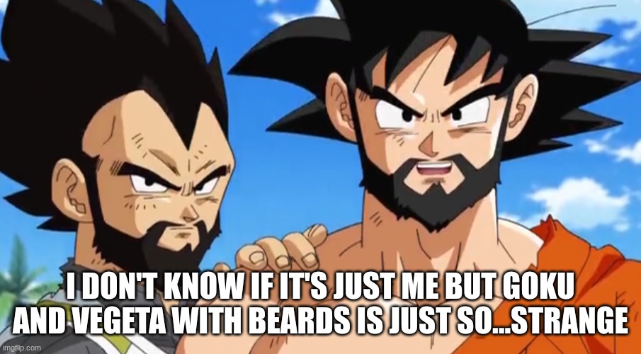 You guys look way better without the beards is all I'm saying | I DON'T KNOW IF IT'S JUST ME BUT GOKU AND VEGETA WITH BEARDS IS JUST SO...STRANGE | image tagged in anime,dbz,goku | made w/ Imgflip meme maker