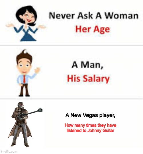 Johnny guitar is the worst song | A New Vegas player, How many times they have listened to Johnny Guitar | image tagged in never ask a woman her age,fallout,fallout new vegas | made w/ Imgflip meme maker
