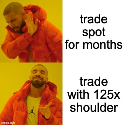 Beginner mood be like | trade spot for months; trade with 125x shoulder | image tagged in memes,drake hotline bling | made w/ Imgflip meme maker