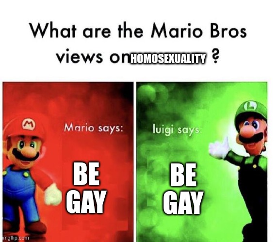 Mario Bros Views | HOMOSEXUALITY; BE GAY; BE GAY | image tagged in mario bros views | made w/ Imgflip meme maker