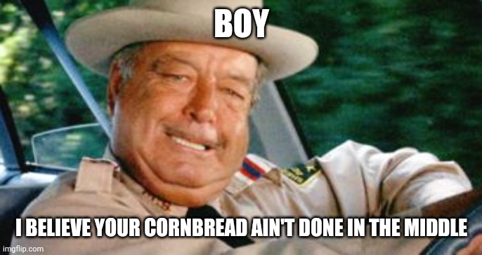 You dummy | BOY; I BELIEVE YOUR CORNBREAD AIN'T DONE IN THE MIDDLE | image tagged in sheriff buford t justice | made w/ Imgflip meme maker