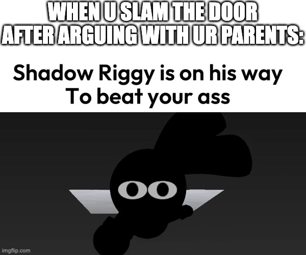 Shadow Riggy is on his way | WHEN U SLAM THE DOOR AFTER ARGUING WITH UR PARENTS: | image tagged in shadow riggy is on his way | made w/ Imgflip meme maker