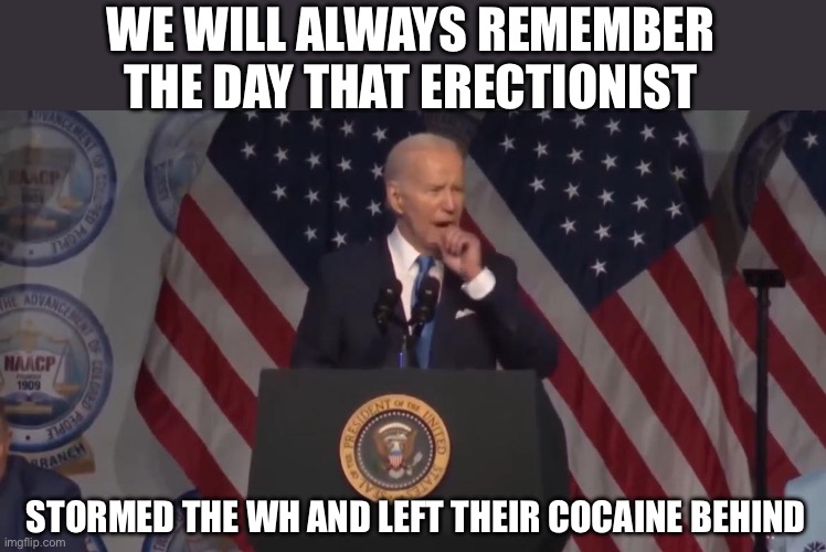 More Incoherent and confusing memories of Joe Biden | WE WILL ALWAYS REMEMBER THE DAY THAT ERECTIONIST; STORMED THE WH AND LEFT THEIR COCAINE BEHIND | image tagged in senile,joe biden,hazy memories | made w/ Imgflip meme maker