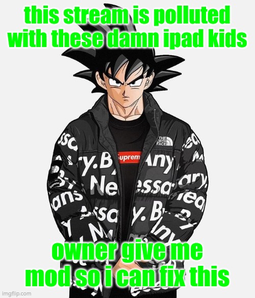 Drip Goku | this stream is polluted with these damn ipad kids; owner give me mod so i can fix this | image tagged in drip goku | made w/ Imgflip meme maker