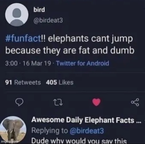 Bird roasting elephant | made w/ Imgflip meme maker