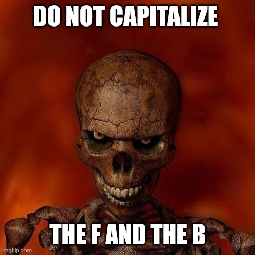 "Do not" skeleton template | DO NOT CAPITALIZE THE F AND THE B | image tagged in do not skeleton template | made w/ Imgflip meme maker
