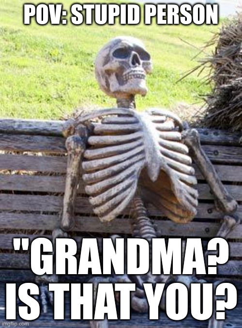 Waiting Skeleton Meme | POV: STUPID PERSON; "GRANDMA? IS THAT YOU? | image tagged in memes,waiting skeleton | made w/ Imgflip meme maker